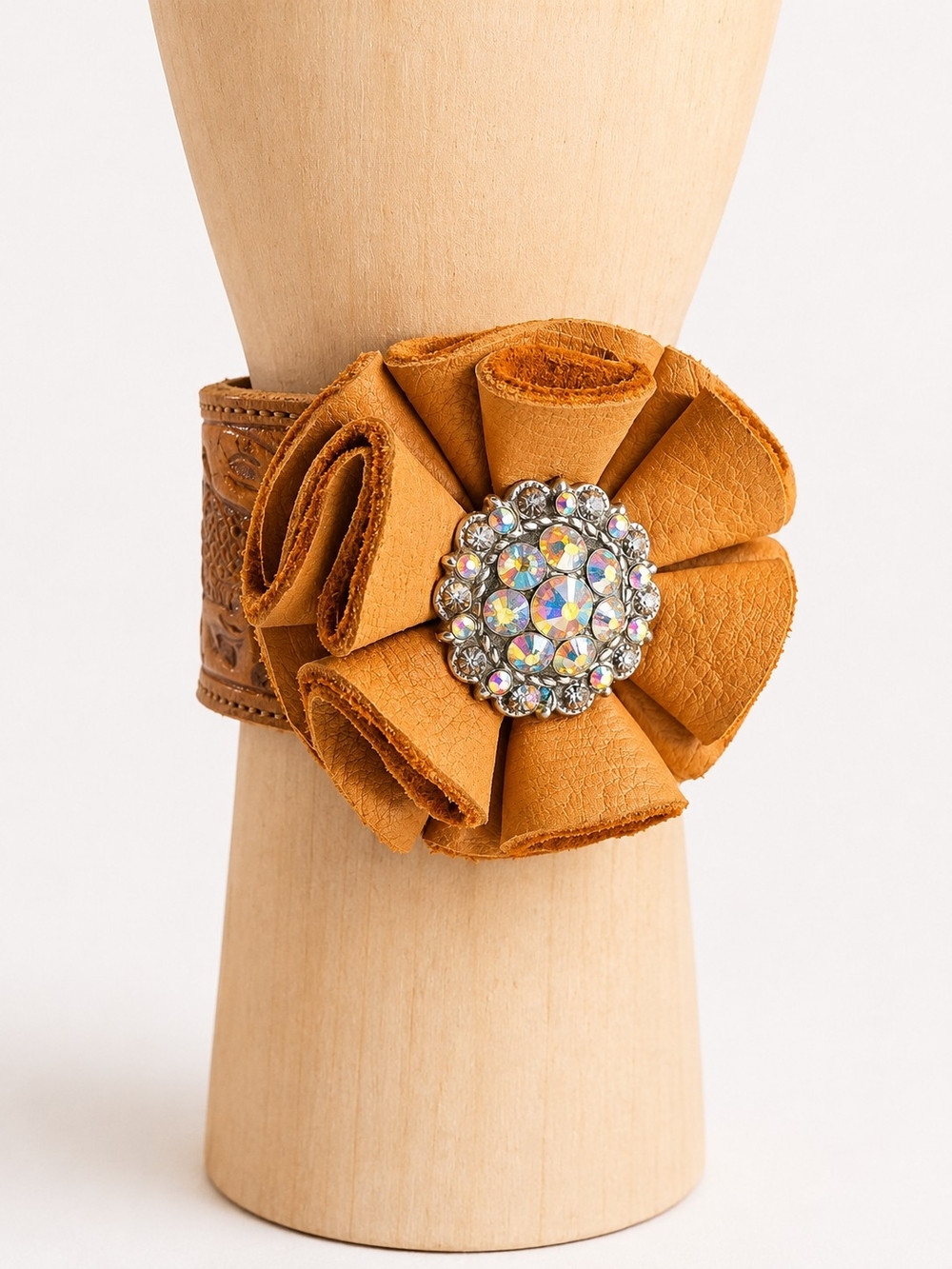 Handmade Tooled Leather Cuff Bracelet with Rhinestone Center – Western Boho